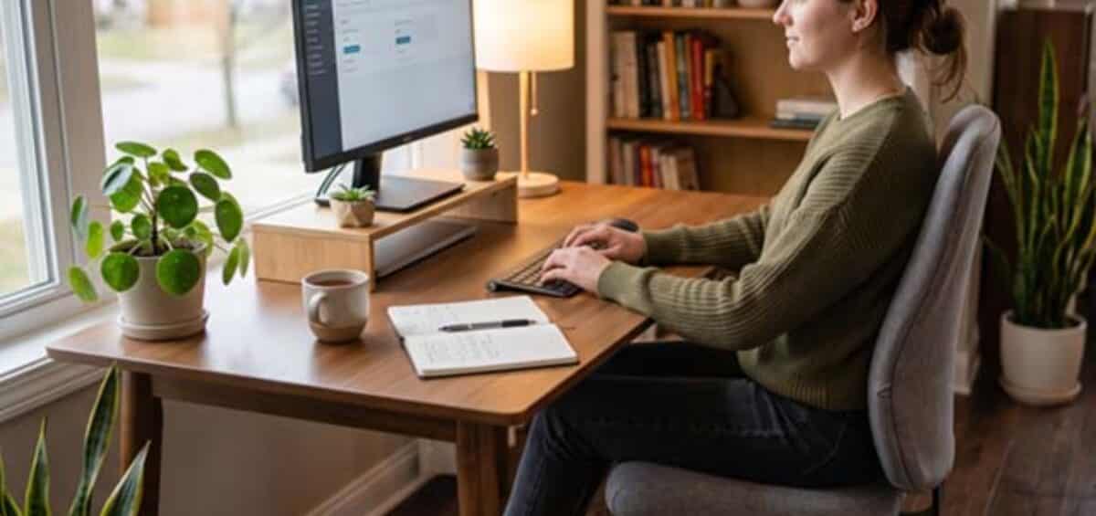 Consejos de ergonomía y salud física para estudiantes de FP a distancia 2 alumna estudiando FP con la postura correcta